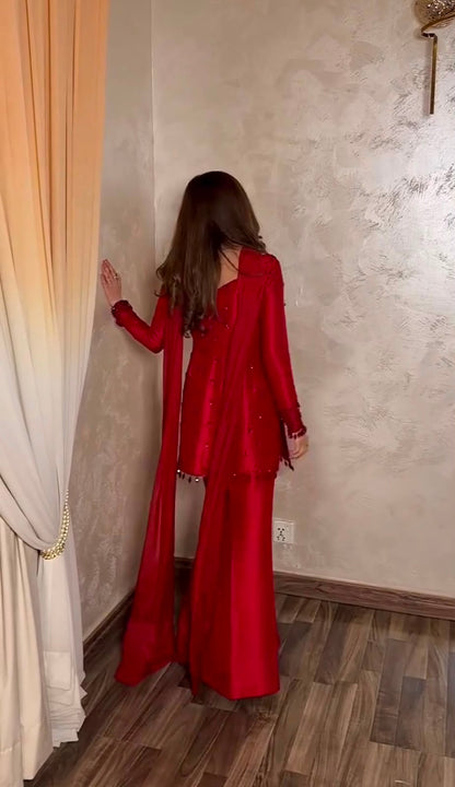 SILK-BLEND TUNIC AND PALAZZO SET SHEER DUPATTA