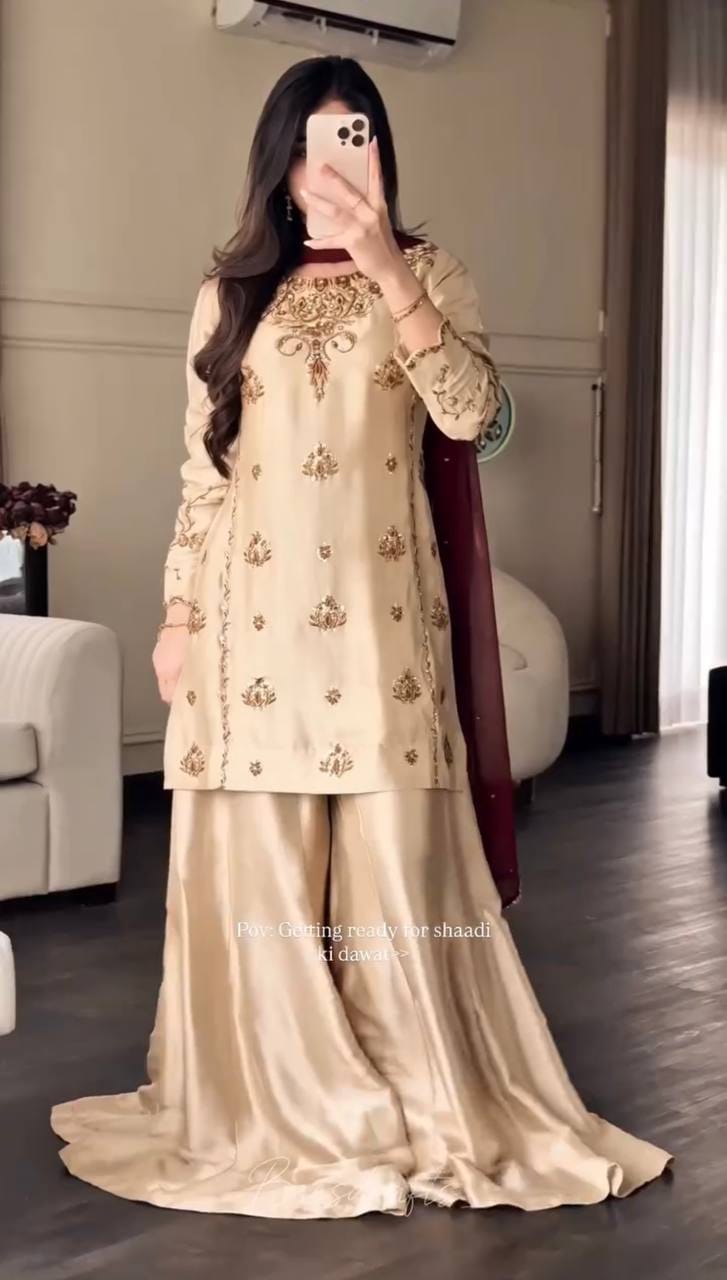 CREAM NATURAL CRAPE MOTI EMBROIDERY WORK SHARARA SUIT SET