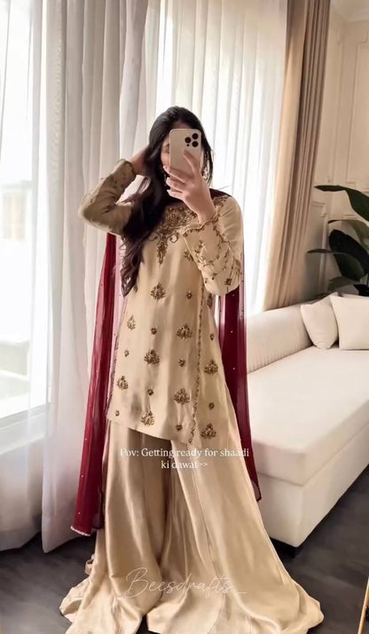 CREAM NATURAL CRAPE MOTI EMBROIDERY WORK SHARARA SUIT SET