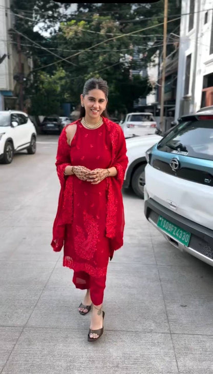 RED FAUX GEORGETTE EMBROIDERY WORK SALWAR SUIT