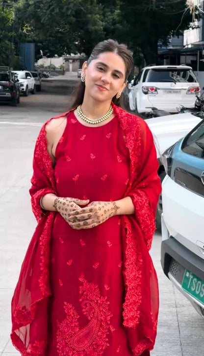 RED FAUX GEORGETTE EMBROIDERY WORK SALWAR SUIT