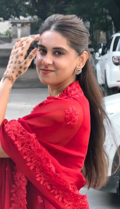 RED FAUX GEORGETTE EMBROIDERY WORK SALWAR SUIT