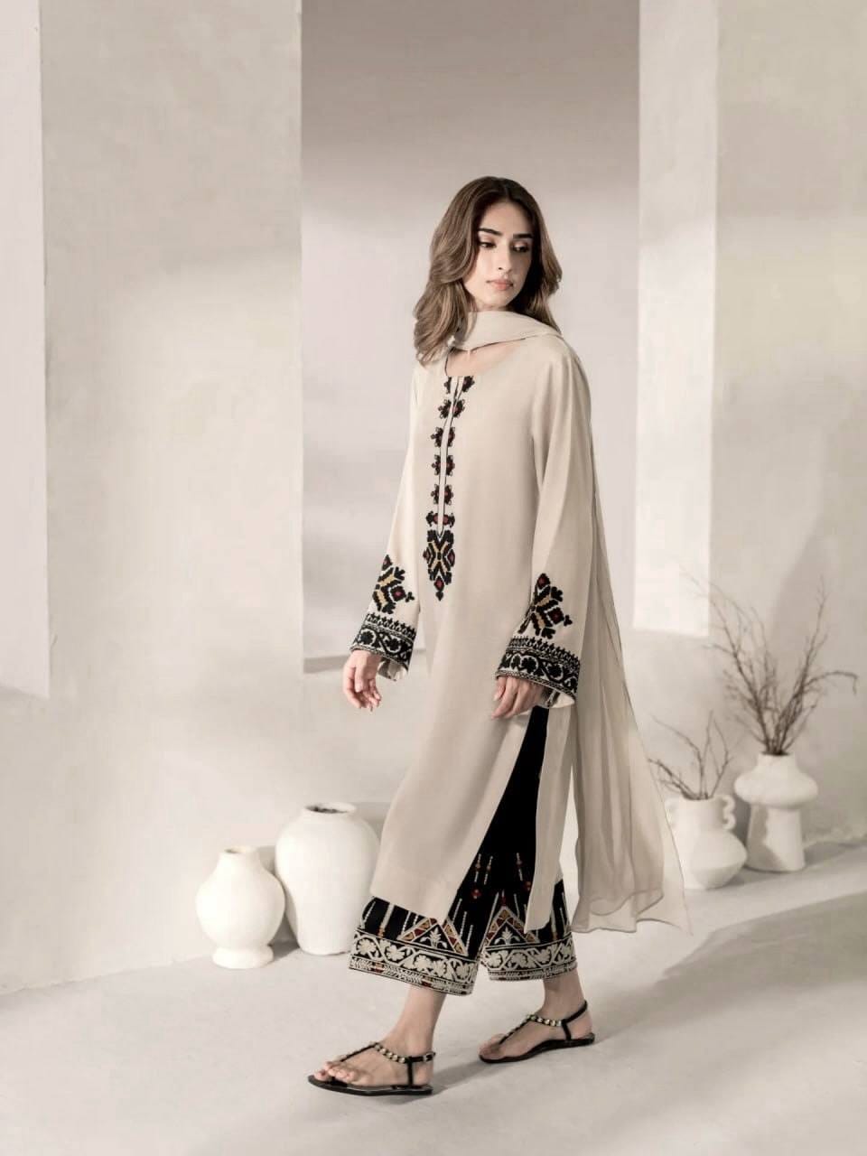 BEIGE RAYON SATIN 3-PIECE SUIT SET