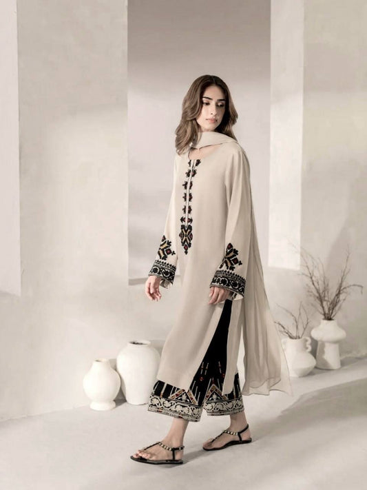 BEIGE RAYON SATIN 3-PIECE SUIT SET