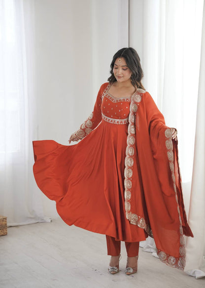 RUST ORANGE ROMAN SILK EMBROIDERED ANARKALI SET