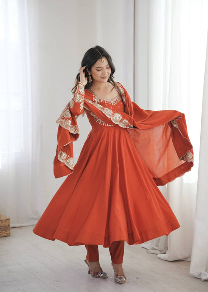 RUST ORANGE ROMAN SILK EMBROIDERED ANARKALI SET
