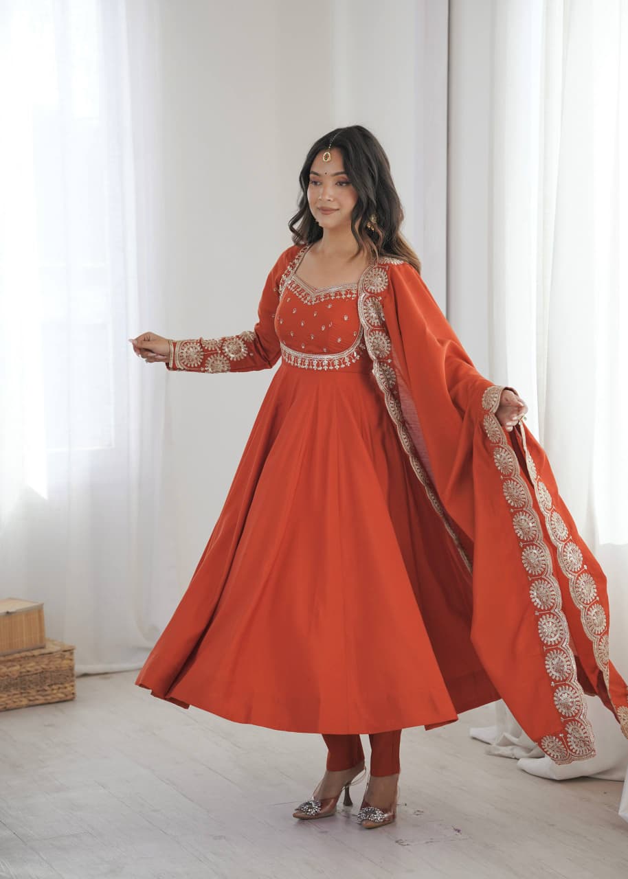 RUST ORANGE ROMAN SILK EMBROIDERED ANARKALI SET