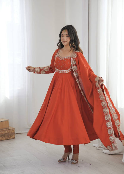 RUST ORANGE ROMAN SILK EMBROIDERED ANARKALI SET