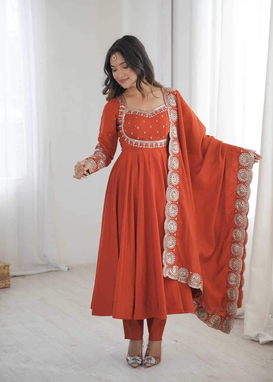 RUST ORANGE ROMAN SILK EMBROIDERED ANARKALI SET
