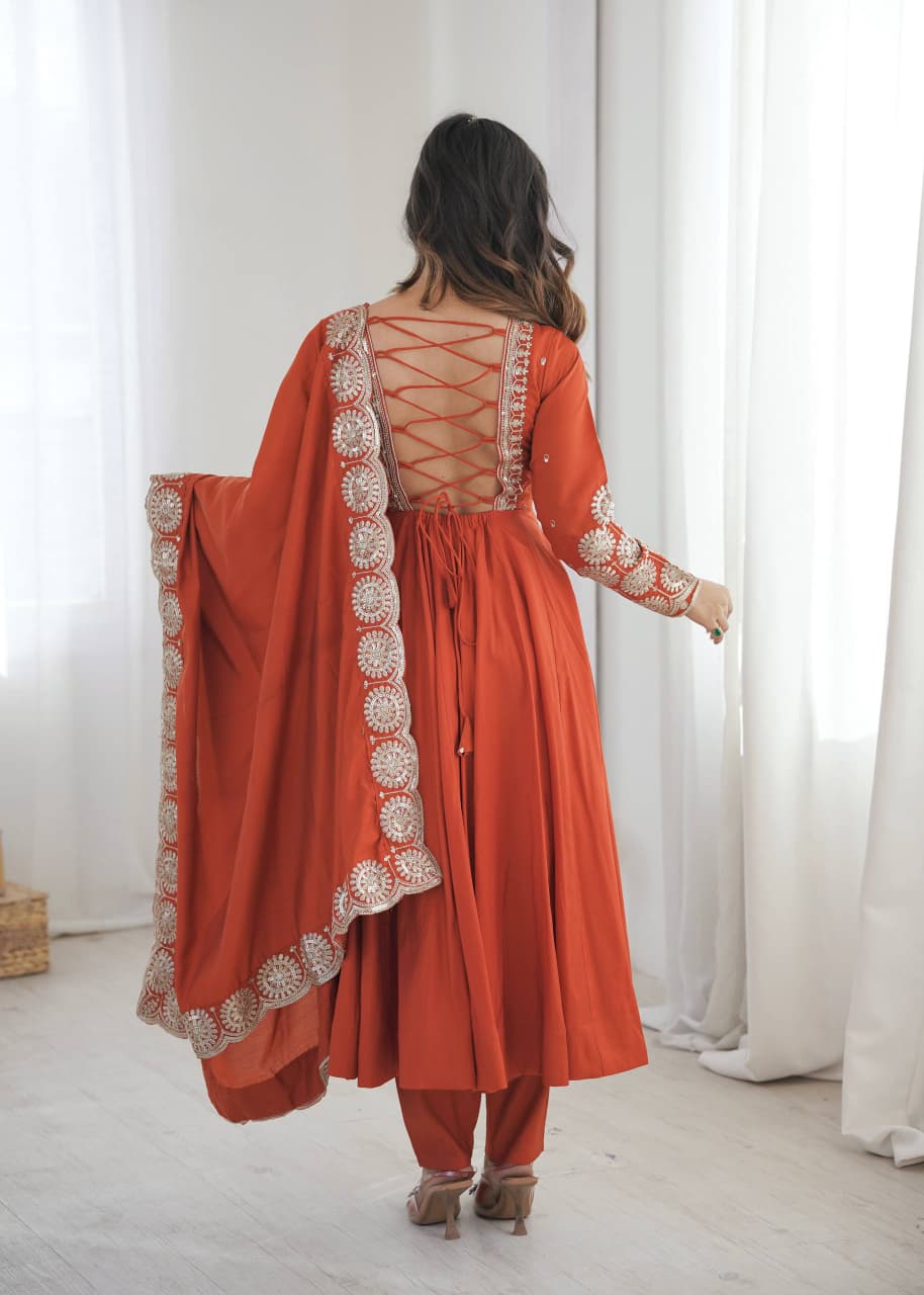 RUST ORANGE ROMAN SILK EMBROIDERED ANARKALI SET