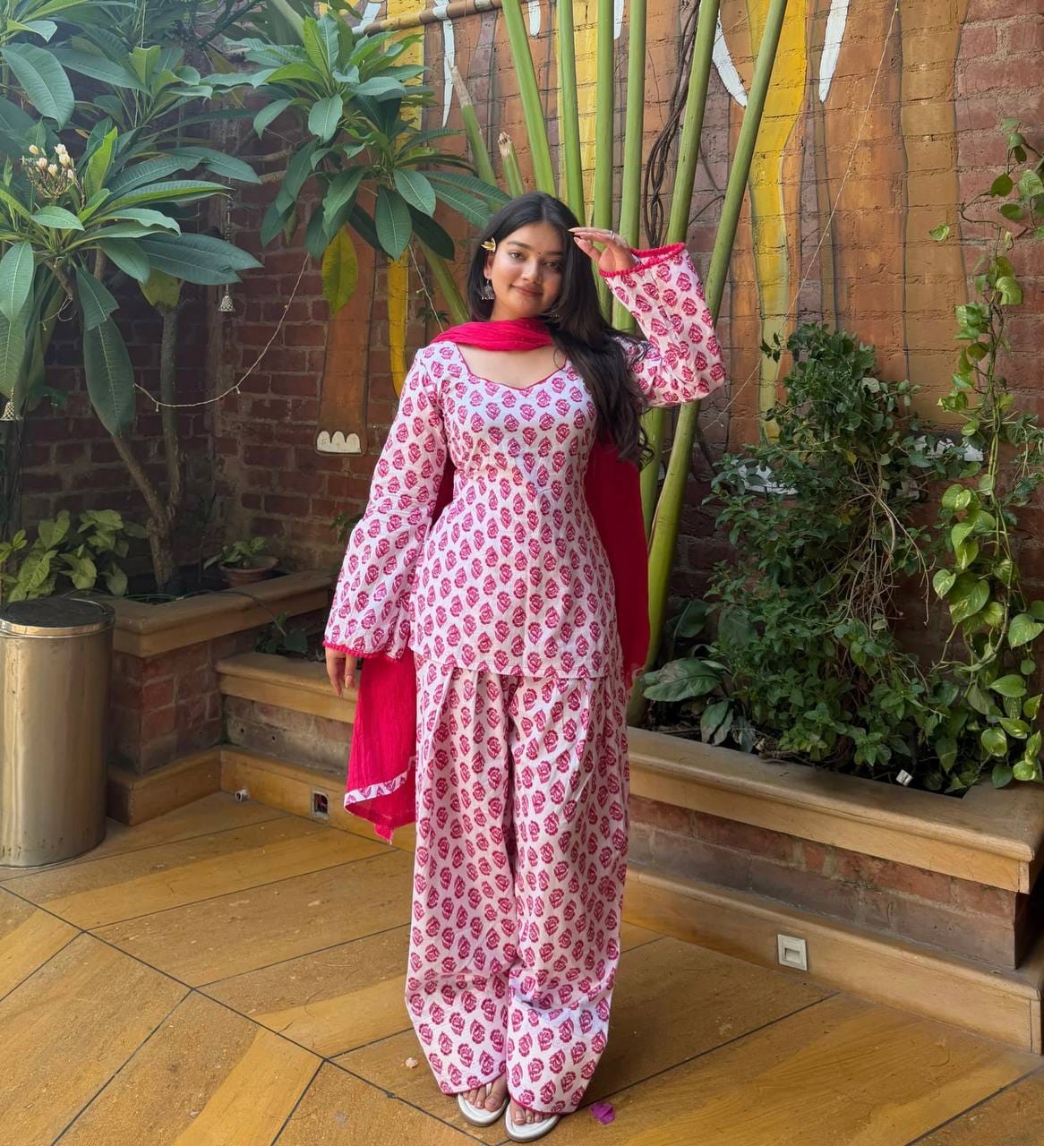 PINK FLORAL CAMERIC COTTON FARSHI SALWAR SUIT SET