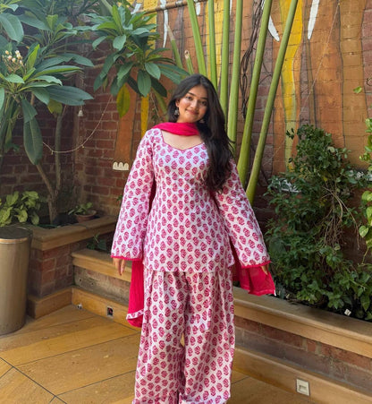 PINK FLORAL CAMERIC COTTON FARSHI SALWAR SUIT SET