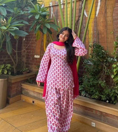 PINK FLORAL CAMERIC COTTON FARSHI SALWAR SUIT SET
