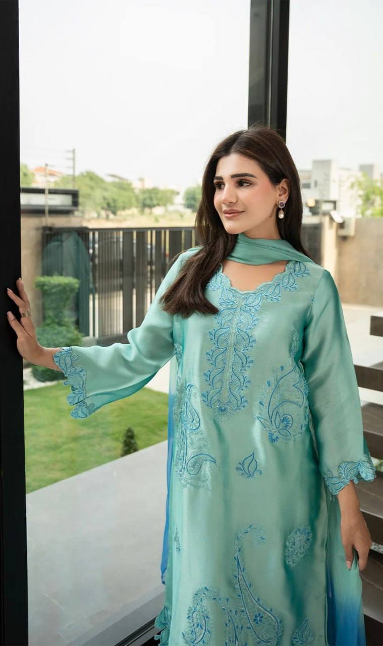 AQVA BLUE RAYON KURTA SET WITH SHADED MULL COTTON DUPATTA