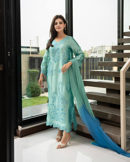 AQVA BLUE RAYON KURTA SET WITH SHADED MULL COTTON DUPATTA