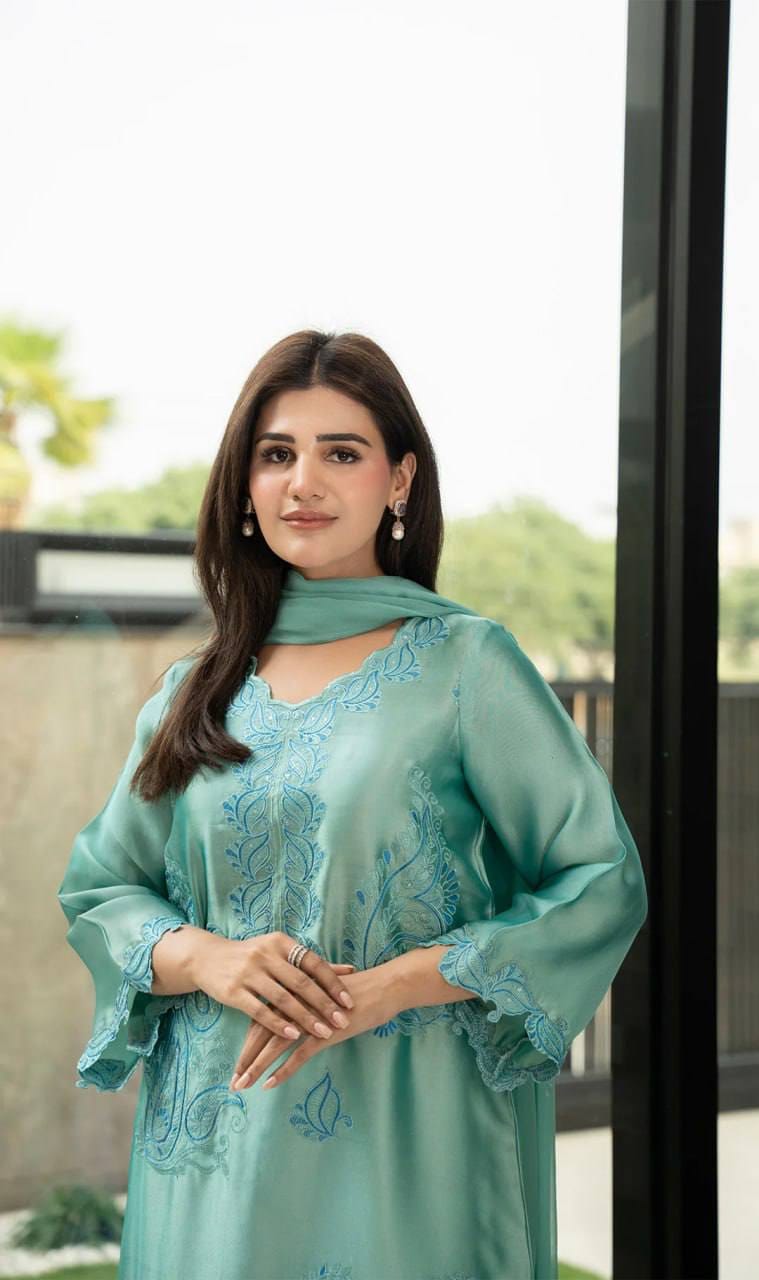 AQVA BLUE RAYON KURTA SET WITH SHADED MULL COTTON DUPATTA