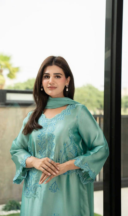 AQVA BLUE RAYON KURTA SET WITH SHADED MULL COTTON DUPATTA