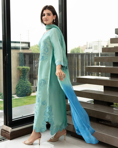 AQVA BLUE RAYON KURTA SET WITH SHADED MULL COTTON DUPATTA