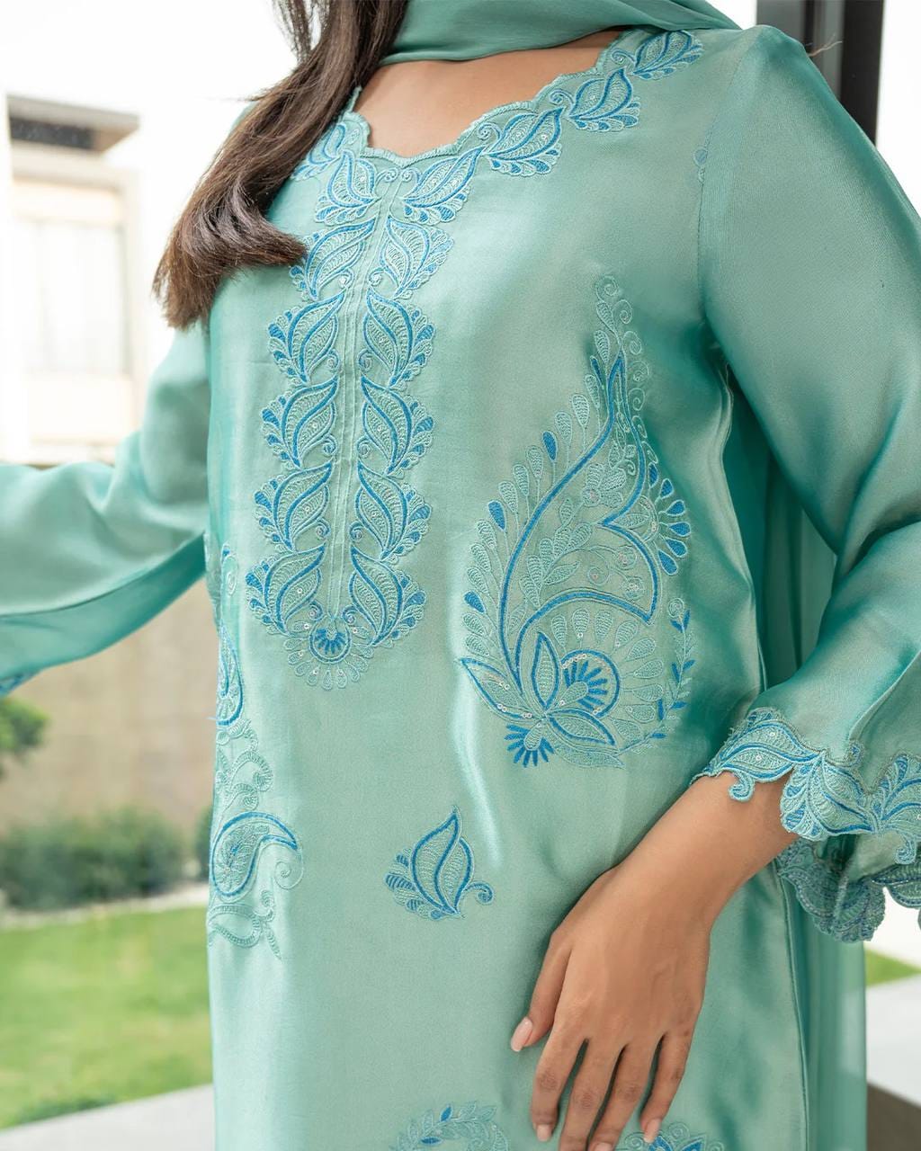 AQVA BLUE RAYON KURTA SET WITH SHADED MULL COTTON DUPATTA