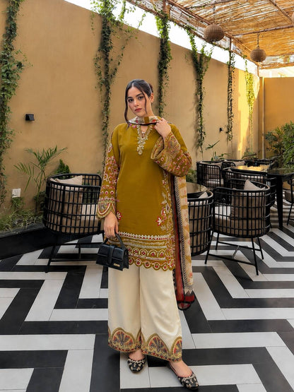 OLIVE GREEN ROMAN SILK KURTI PLAZZO SET