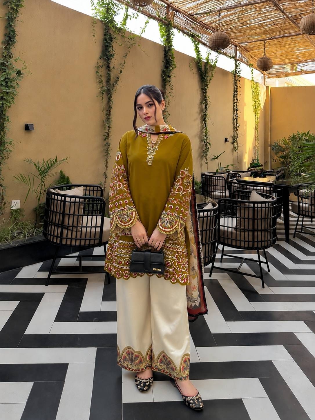 OLIVE GREEN ROMAN SILK KURTI PLAZZO SET