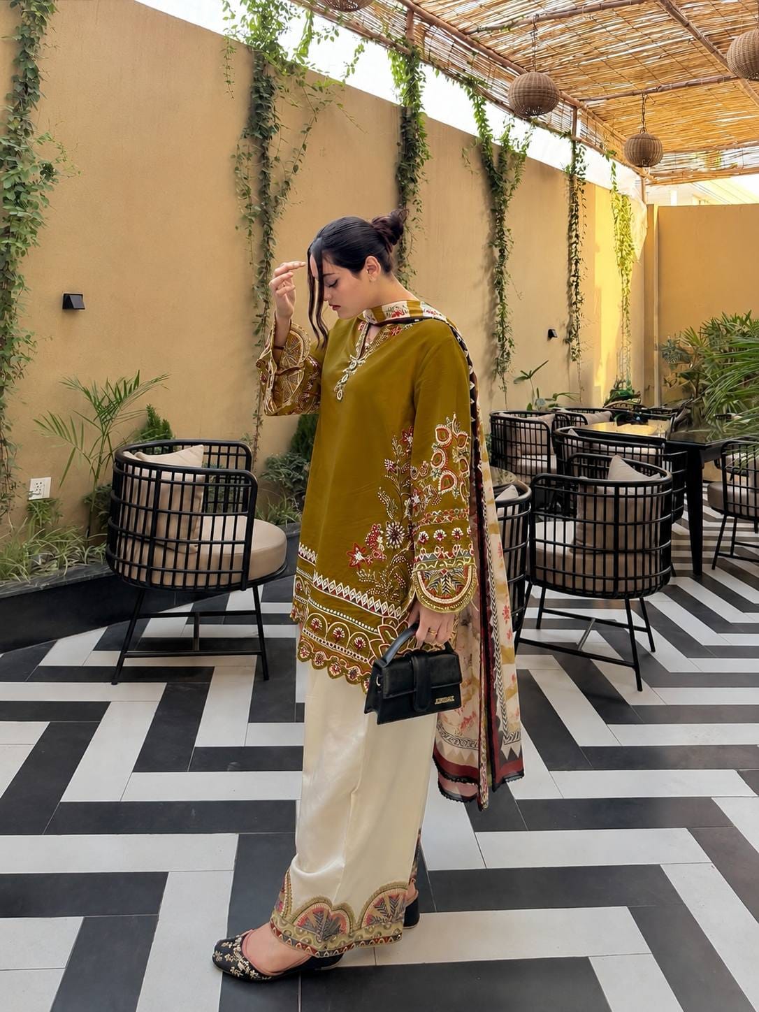 OLIVE GREEN ROMAN SILK KURTI PLAZZO SET