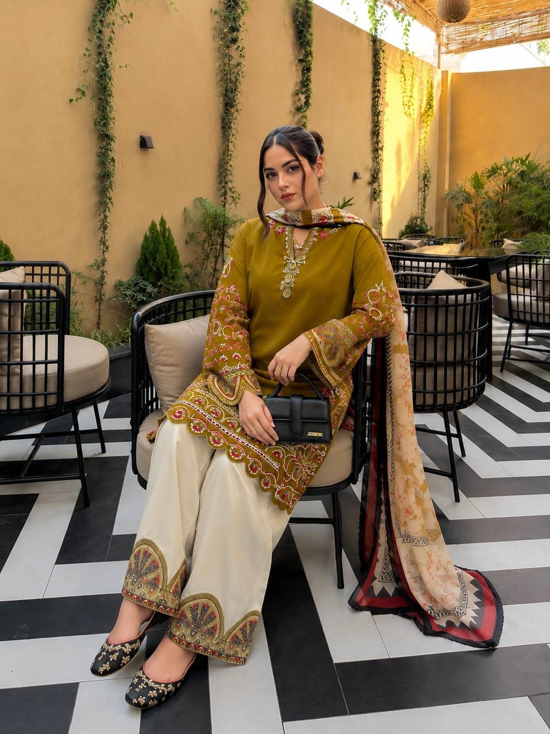 OLIVE GREEN ROMAN SILK KURTI PLAZZO SET