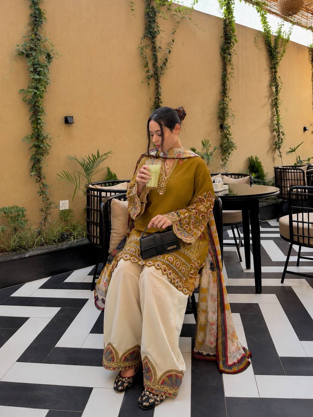 OLIVE GREEN ROMAN SILK KURTI PLAZZO SET