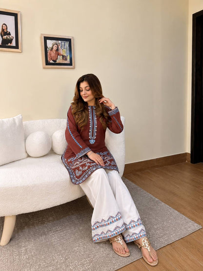 BROWN FRENCH CREPE KURTI PLAZZO SET