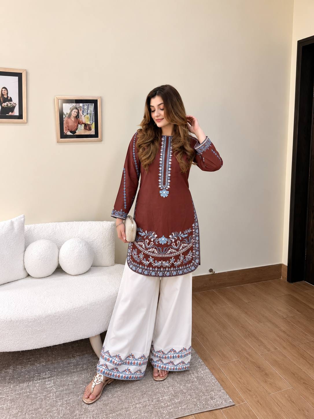 BROWN FRENCH CREPE KURTI PLAZZO SET