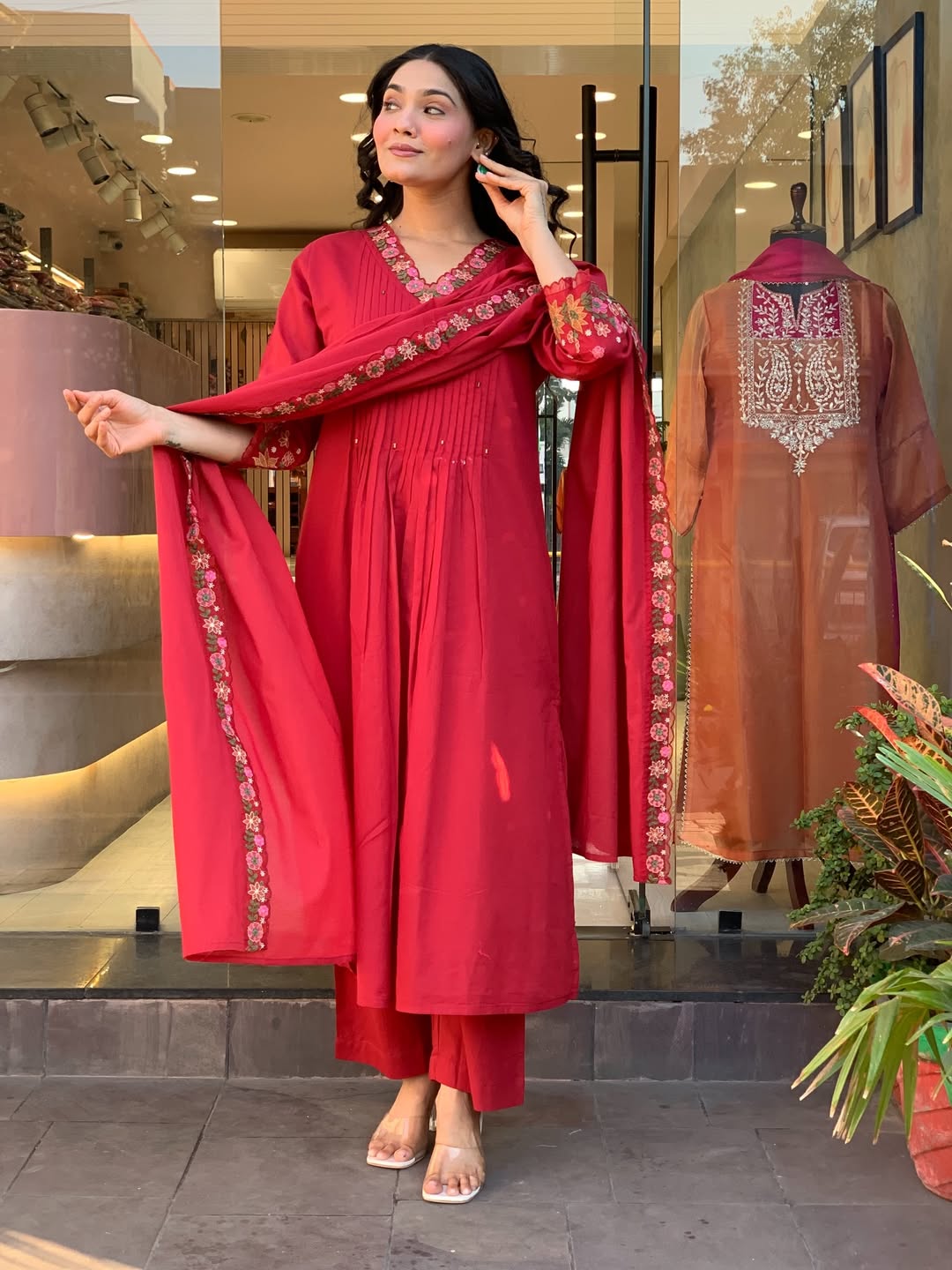 RED PURE COTTON PLEATED KURTA SET