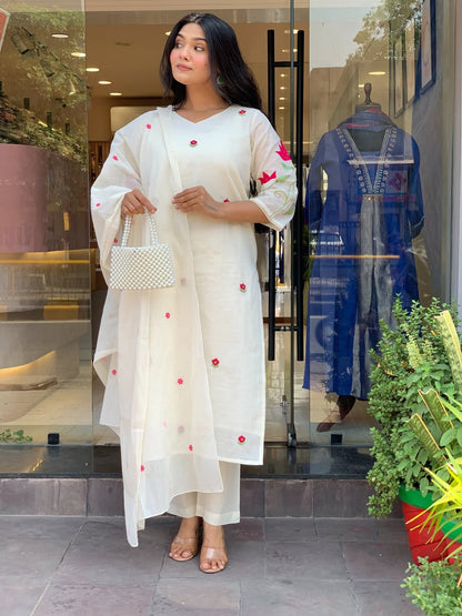 WHITE MUL COTTON THREE-PIECE SUIT SET