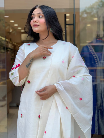 WHITE MUL COTTON THREE-PIECE SUIT SET
