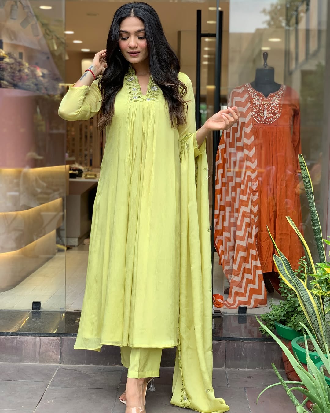 LIME GREEN PLEATED ANARKALI KURTA SET