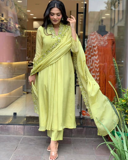 LIME GREEN PLEATED ANARKALI KURTA SET