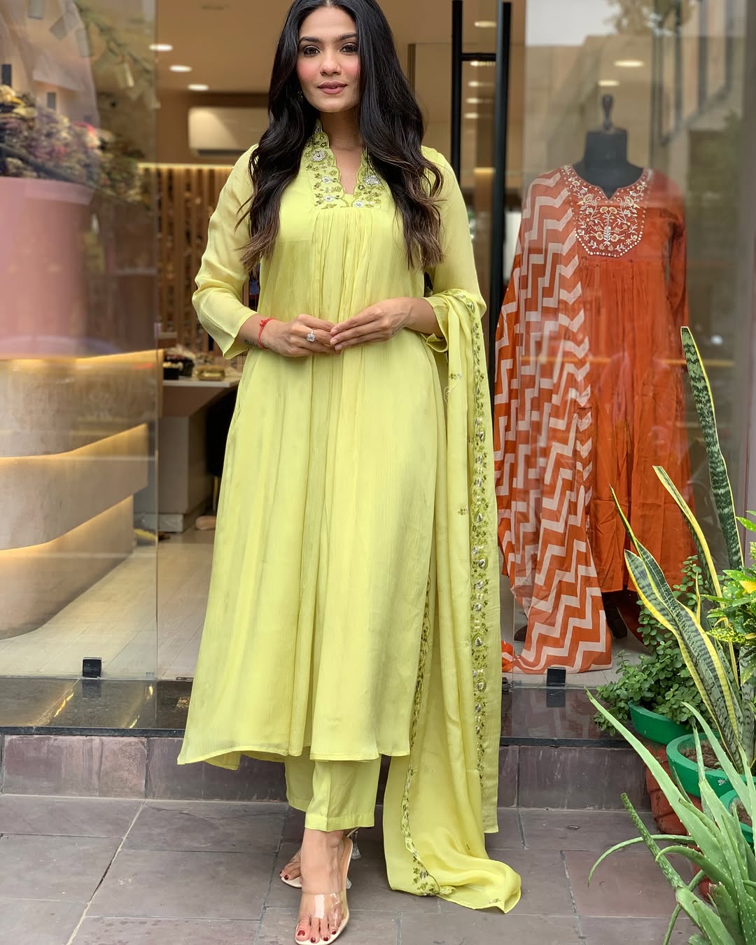 LIME GREEN PLEATED ANARKALI KURTA SET