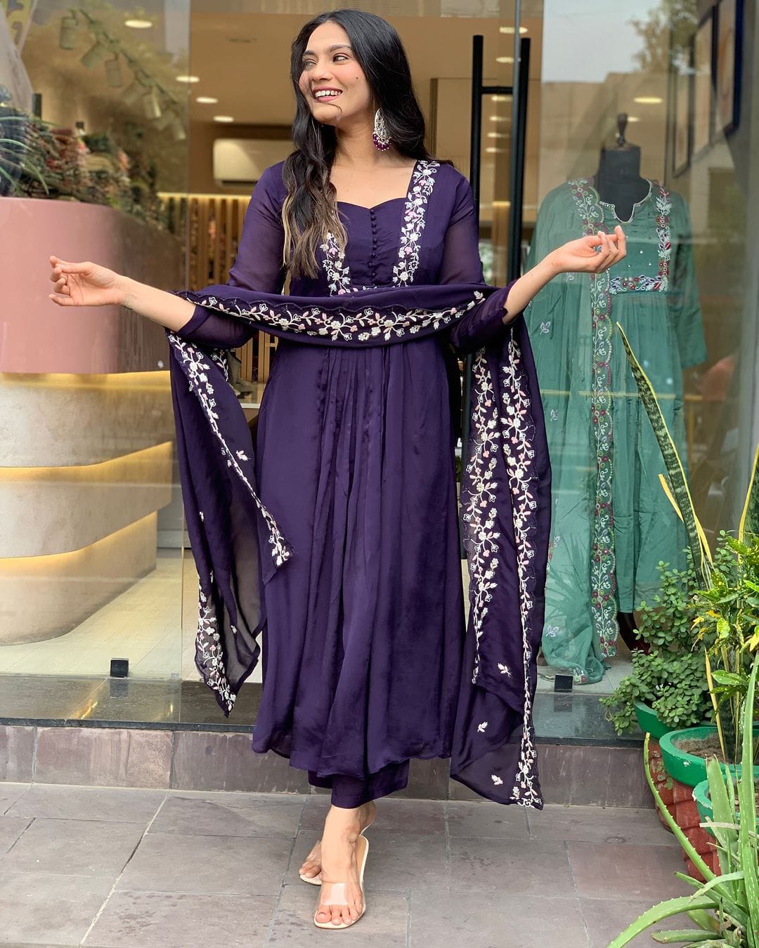 DEEP PURPLE PLEATED ANARKALI KURTA SET
