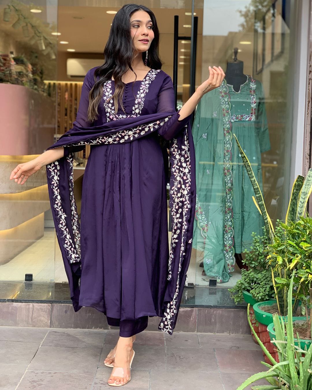 DEEP PURPLE PLEATED ANARKALI KURTA SET
