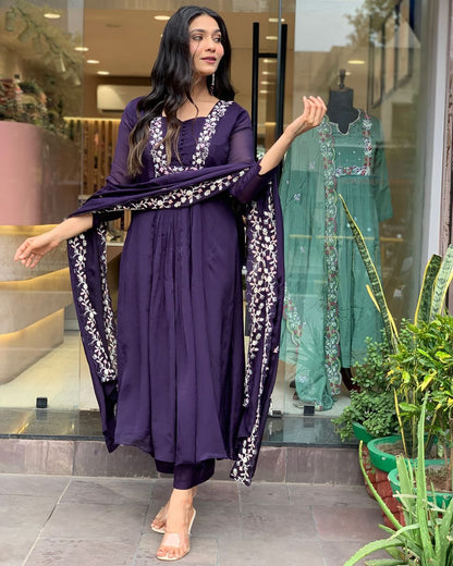 DEEP PURPLE PLEATED ANARKALI KURTA SET