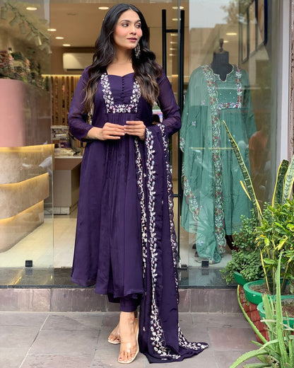 DEEP PURPLE PLEATED ANARKALI KURTA SET