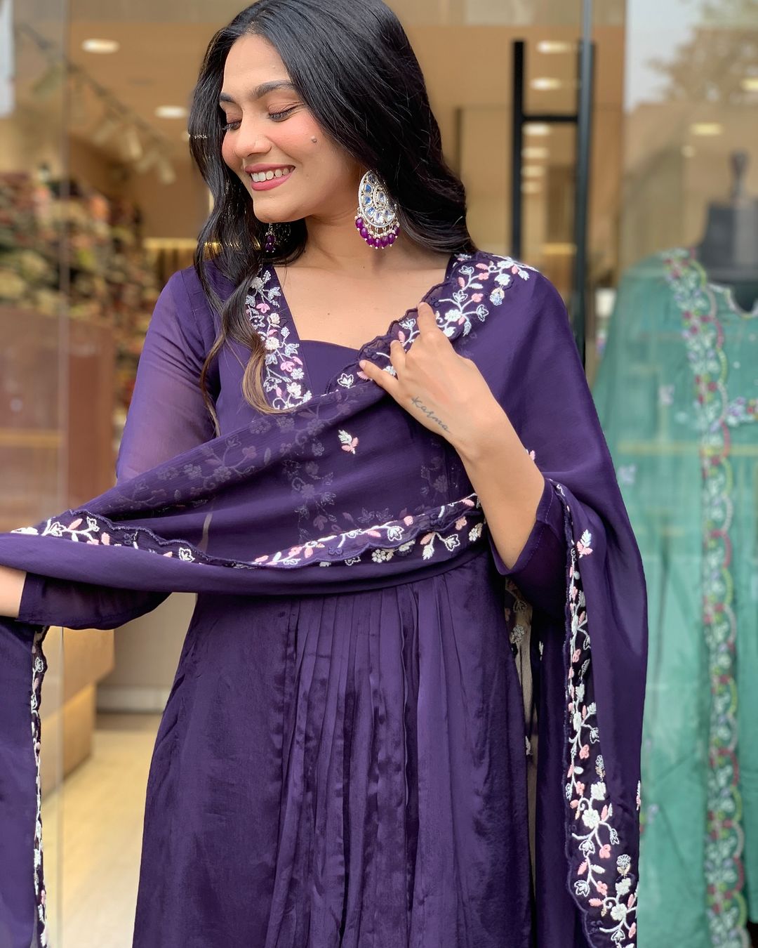 DEEP PURPLE PLEATED ANARKALI KURTA SET