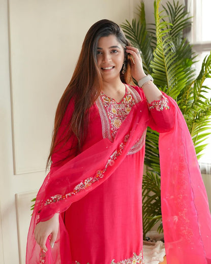 PINK EMBROIDERED SILK-BLEND SHARARA SET