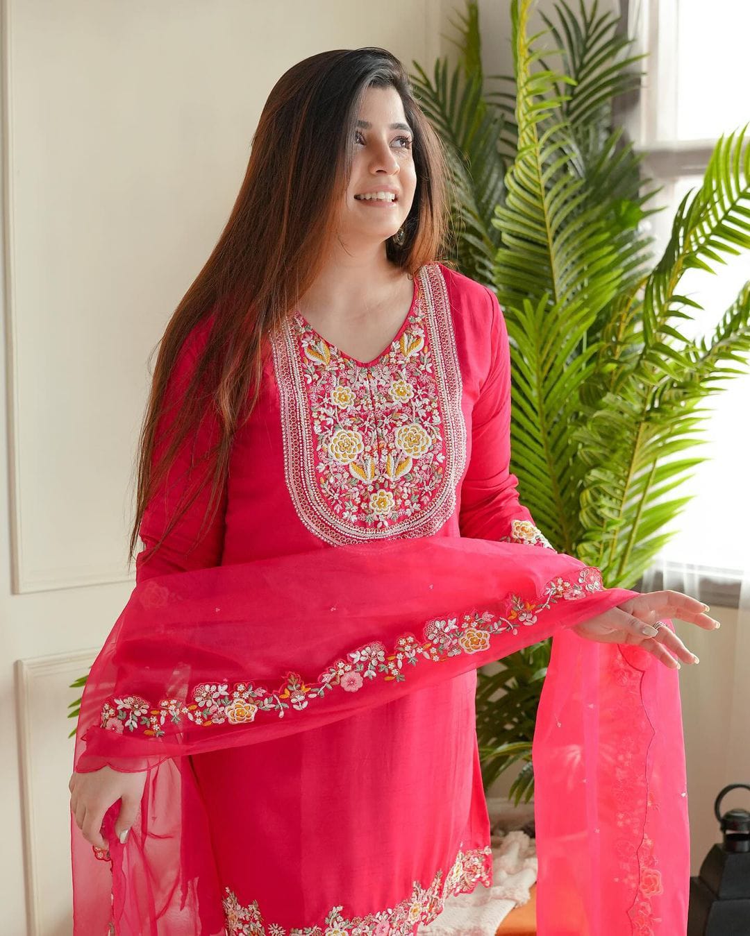 PINK EMBROIDERED SILK-BLEND SHARARA SET