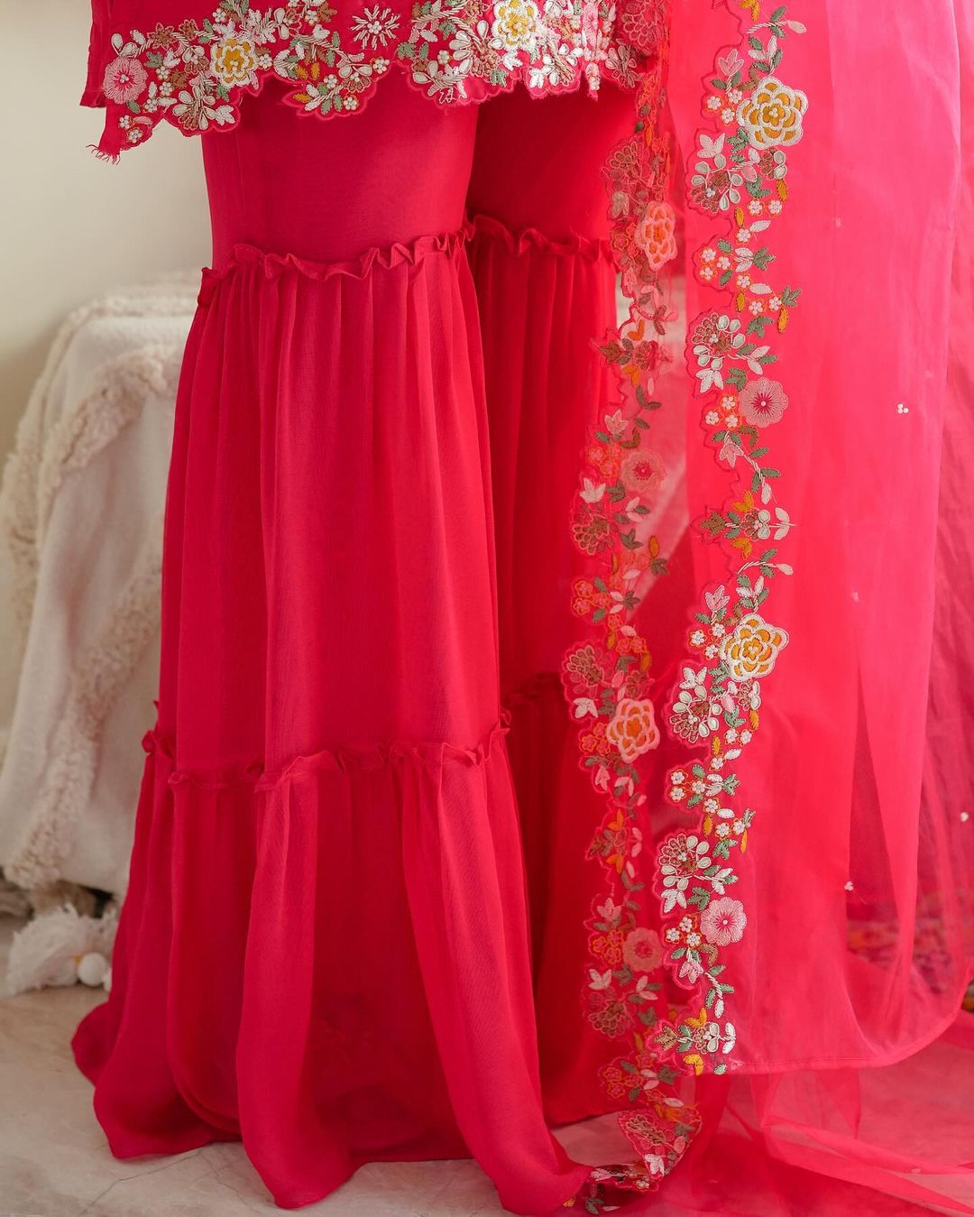 PINK EMBROIDERED SILK-BLEND SHARARA SET