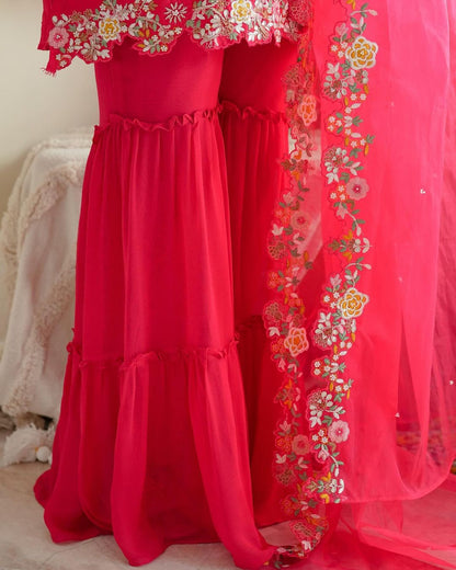 PINK EMBROIDERED SILK-BLEND SHARARA SET