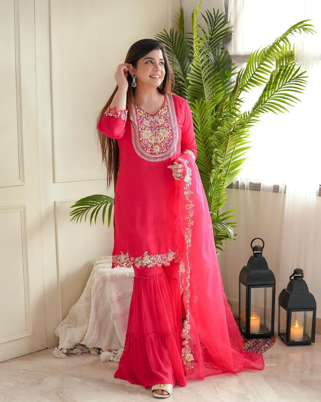 PINK EMBROIDERED SILK-BLEND SHARARA SET