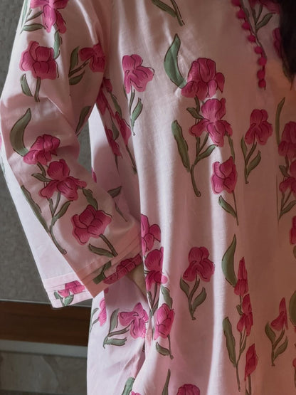 PINK FLORAL PRINTED MANDARIN COLLAR TUNIC WITH SALWAR