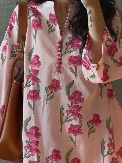 PINK FLORAL PRINTED MANDARIN COLLAR TUNIC WITH SALWAR