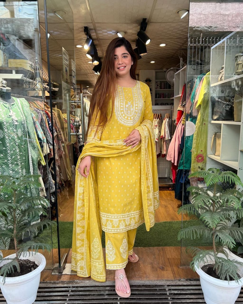 YELLOW PRINTED COTTON STRAIGHT KURTA SET WITH SEQUIN MIRROR WORK
