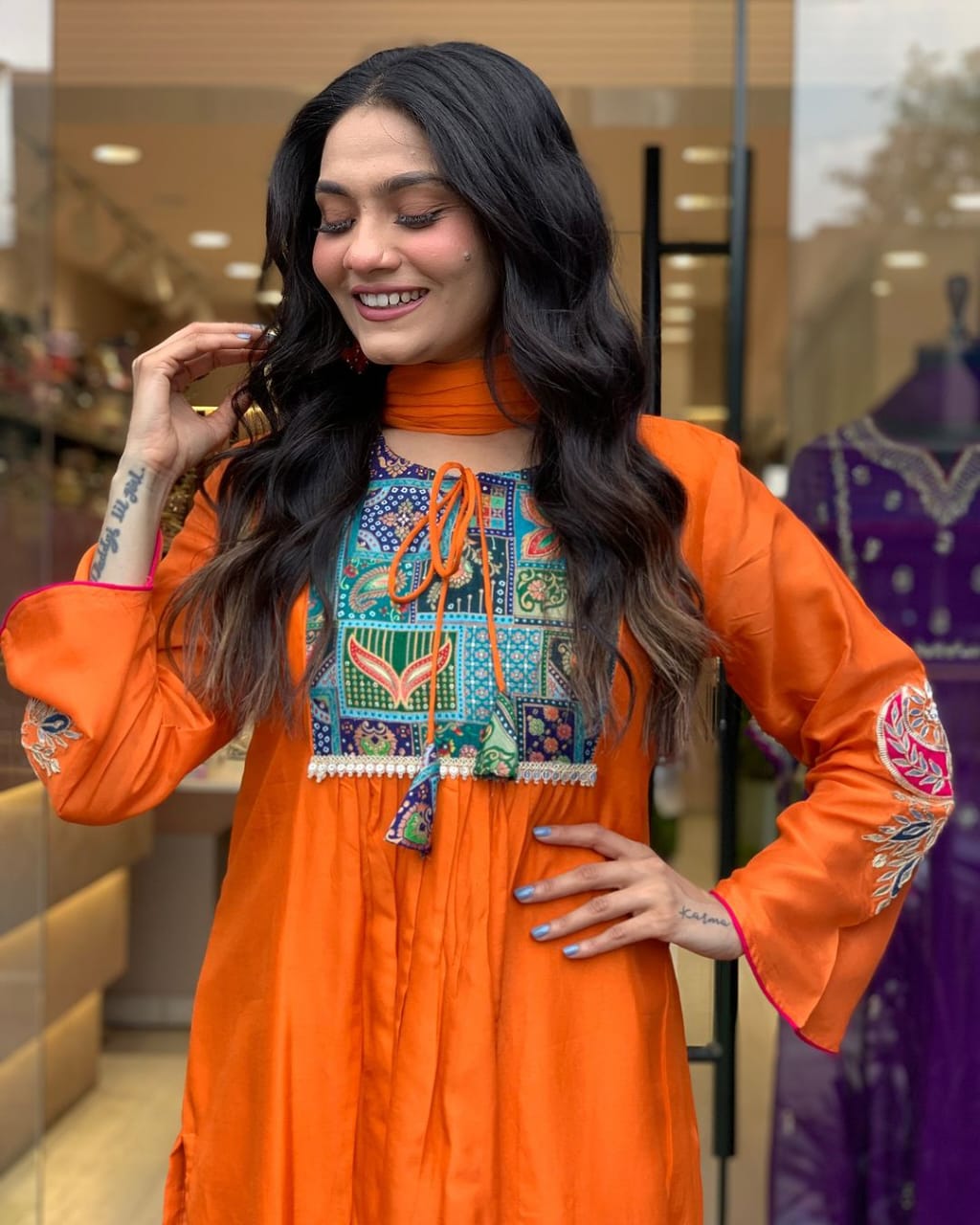 ORANGE EMBROIDERED ANARKALI KURTA SET